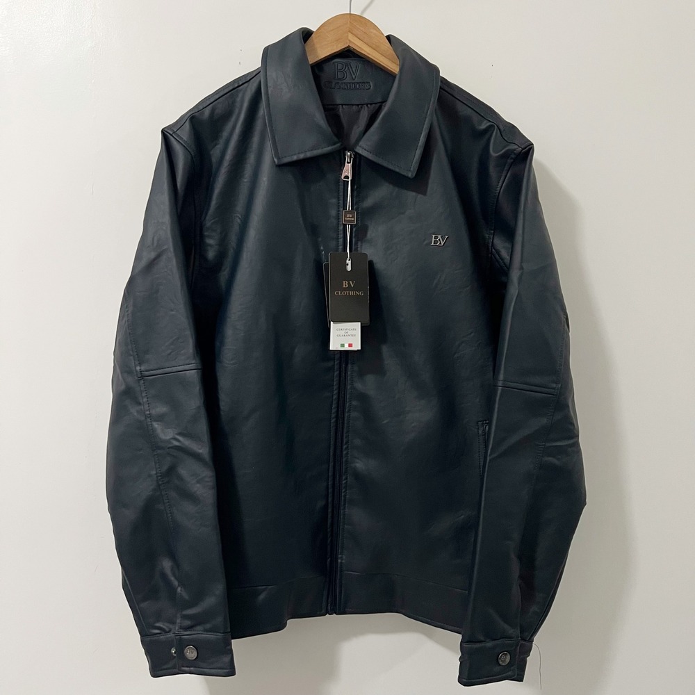 BV Clothing Mens Faux Leather Jacket Black Full Zip Collared Size L